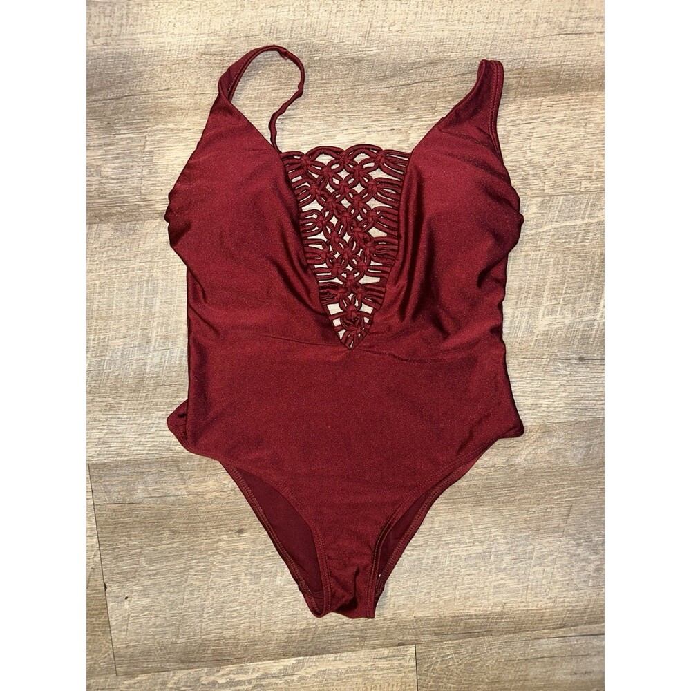 Tinibikini One Piece Swimsuit S Maroon Macrame Plunge Neck Bathing Suit Women